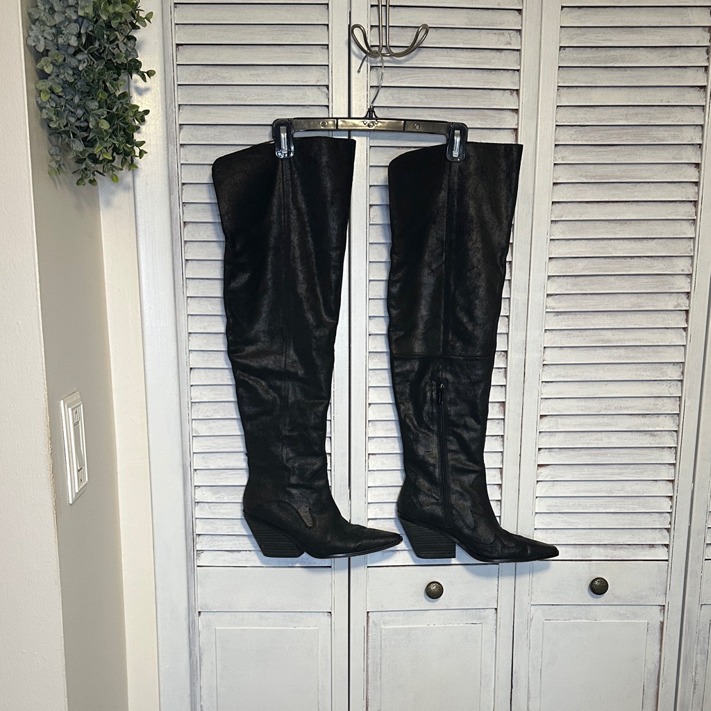 Vince Camuto Black Over-The-Knee Pointed Toe Leather Boots 9